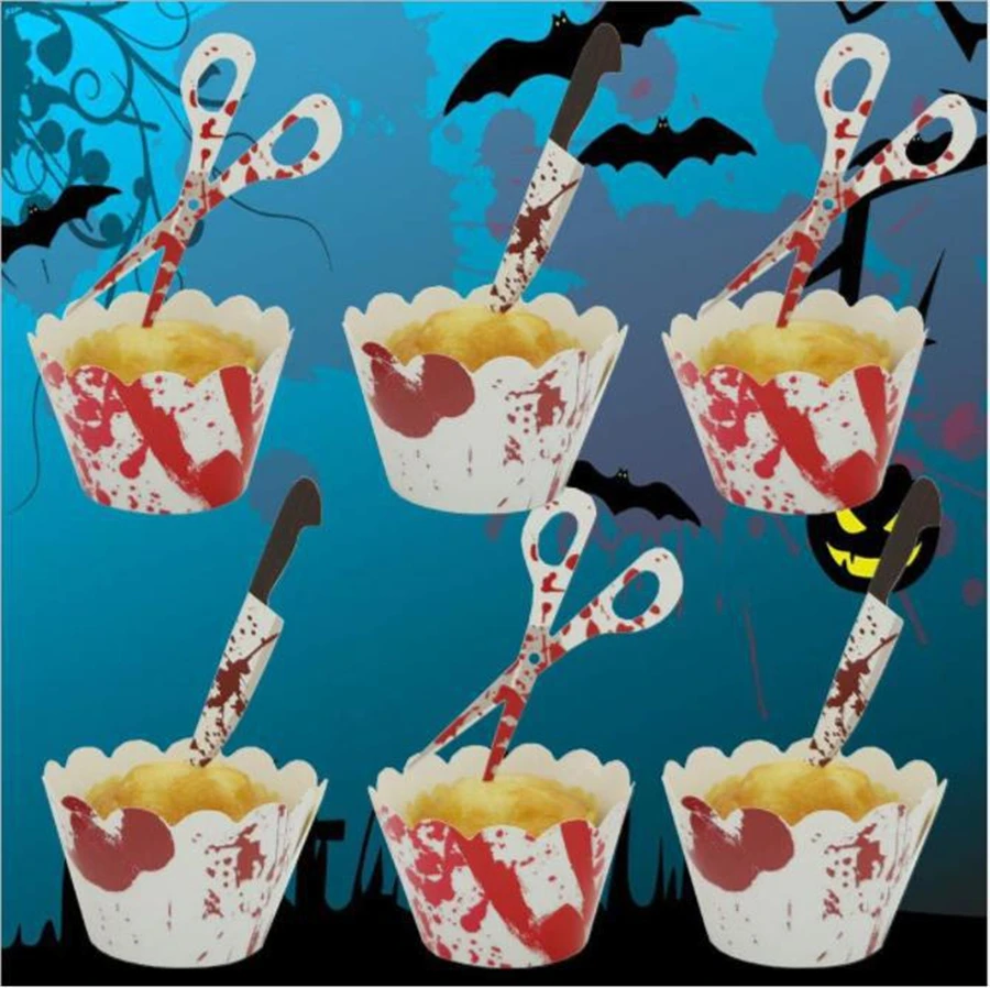 20 Pack Halloween Cupcake Toppers Wrappers Horror Cake Decoration Bloodstain Cake Knife Scissors Food Decor Party Suppliers