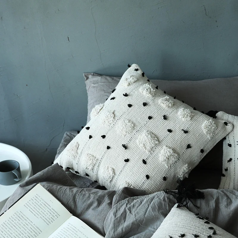 Белая черная Геометрическая хлопковая наволочка с цветами, круглая наволочка с вышивкой 45x45 см/30x50 см, украшение на диван-кровать