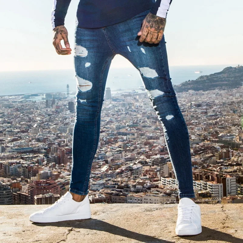 Spring Mens Jeans Pants Hip Hop Denim Ripped Skinny Distressed Jeans Casual Slim Solid Hole Pencil 2