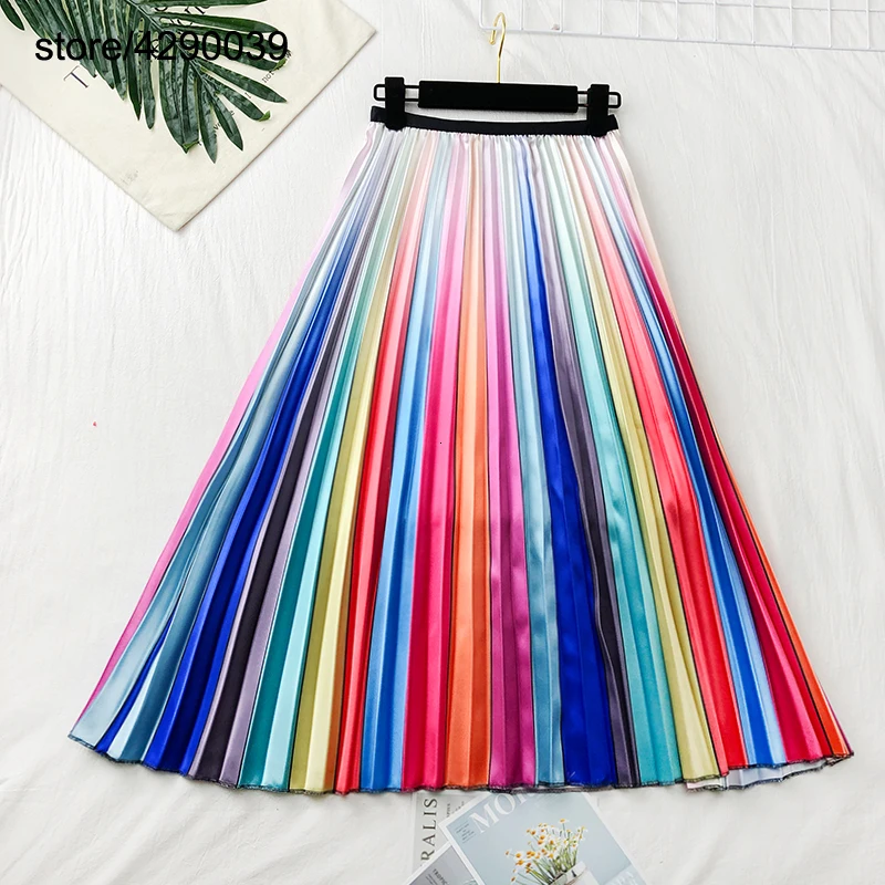Новое поступление Женская Радужная юбка высокая талия градиентный цвет плиссированная до середины икры горячая Распродажа юбок
