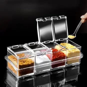 

3/4Grid Acrylic Transparent Seasoning Box Salt and Pepper Kitchen Spice Container Condiment Storage with Spoon seasoning box set