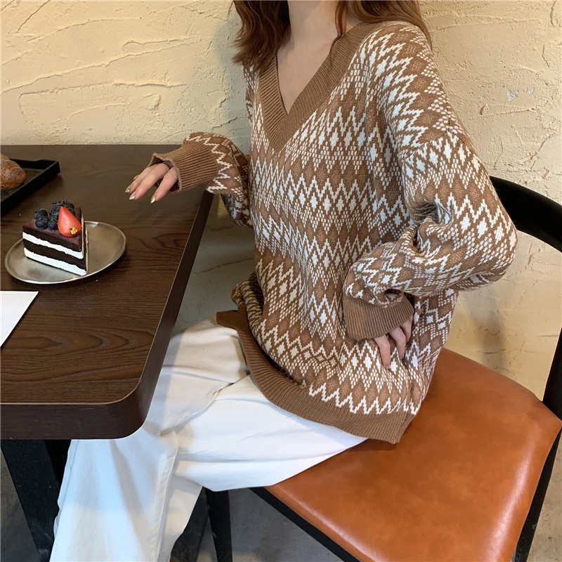 Winter Sweater Women's Plaid Sweater 2020 Spring Fashion Korean Loose V-neck Sweater Autumn Winter Knitted Pullover  Women