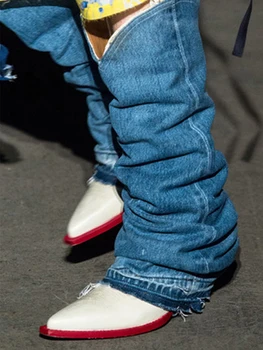 

Boots Patchwork Western Cowboy Women's Thick Heel Retro Boots Leather Pointed Toe Middle Tube Rider Boots Skinny Boots Fashion