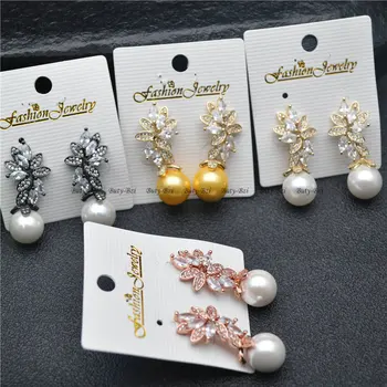 

Big Round Natural Shell Imitation Pearl Beads Gold Plated Paved CZ Leaf Flower Dangle Earrings Trendy Ins Girl Party Jewelry