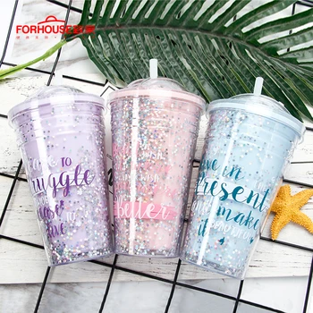 

Star Water Bottle with Straw Eco-friendly with Lid Hiking Camping Plastic Sport Bottle Juicer Milk Coffee Kids