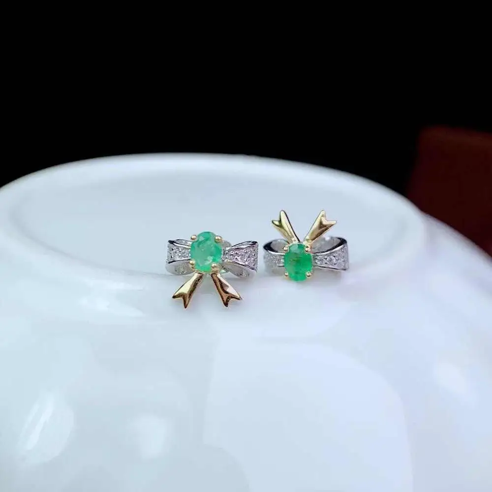 

Natural emerald earrings 925 silver two-color electroplating process cute style small fresh bow style