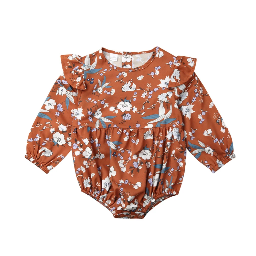 Brand 0-24M Newborn Baby Girls Autumn Clothes Bodysuit Bohe Ruffel Floral Long Sleeve Plyasuit Jumpsuit Autumn Outfit