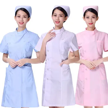 

Women Short Sleeves Solid Color Hospital Doctor Uniform Scrub Tops Medical Services Lab Coat Adult Nurse Dress Costume