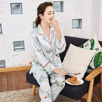 

new silk pajamas long sleeved pants take two wholesale spring Womens Silk Satin Pajamas Pyjamas Set Long Sleeve Sleepwear