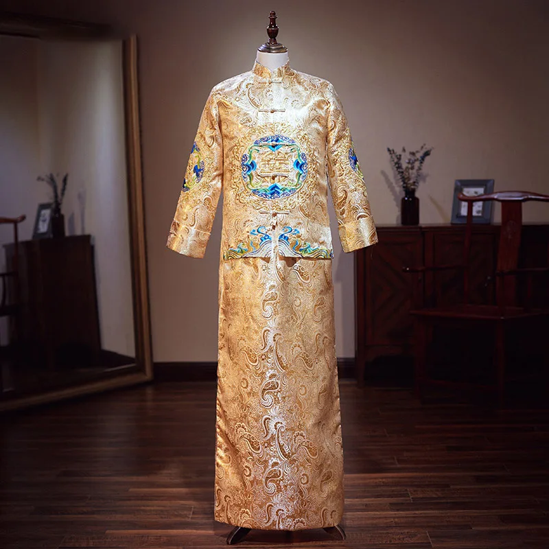 

Man Show Grain Marry Groom Clothes Chinese Style Mandarin Jacket Yellow Dragon And Phoenix Men's Wear Excellent Kimono
