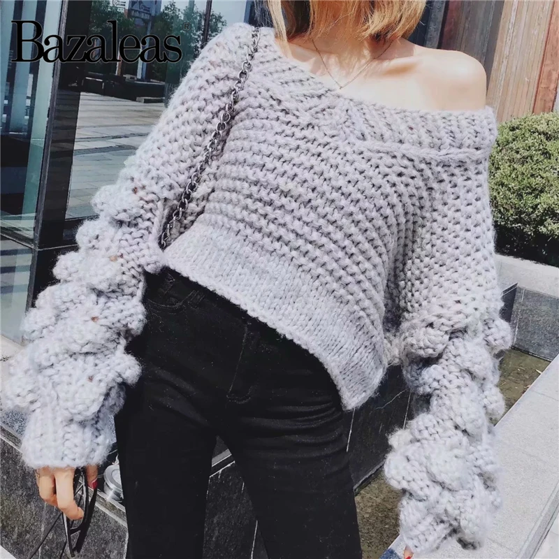 Bazaleas Винтаж длинный рукав Hairball Мягкий трикотажный пуловер harajuku Повседневная Прямая глубокий v-образный вырез теплый свободный женский свитер