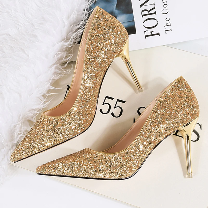 

2020 Women Sexy Pumps Glitter Sequins Shoes Woman Gold Silver 9cm High Heels Party Queen Cinderella Scarpins Sparkly Prom Shoes