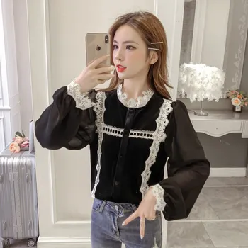 

COIGARSAM Full Sleeve Shirt Womens tops New Spring Chiffon Lace Patchwork Loose Women shirts Wine Red Black 6794A