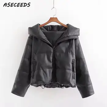 

2019 Winter jacket women parka vintage black leather jackets coats streetwear female puffer jacket korean hooded coat outerwear