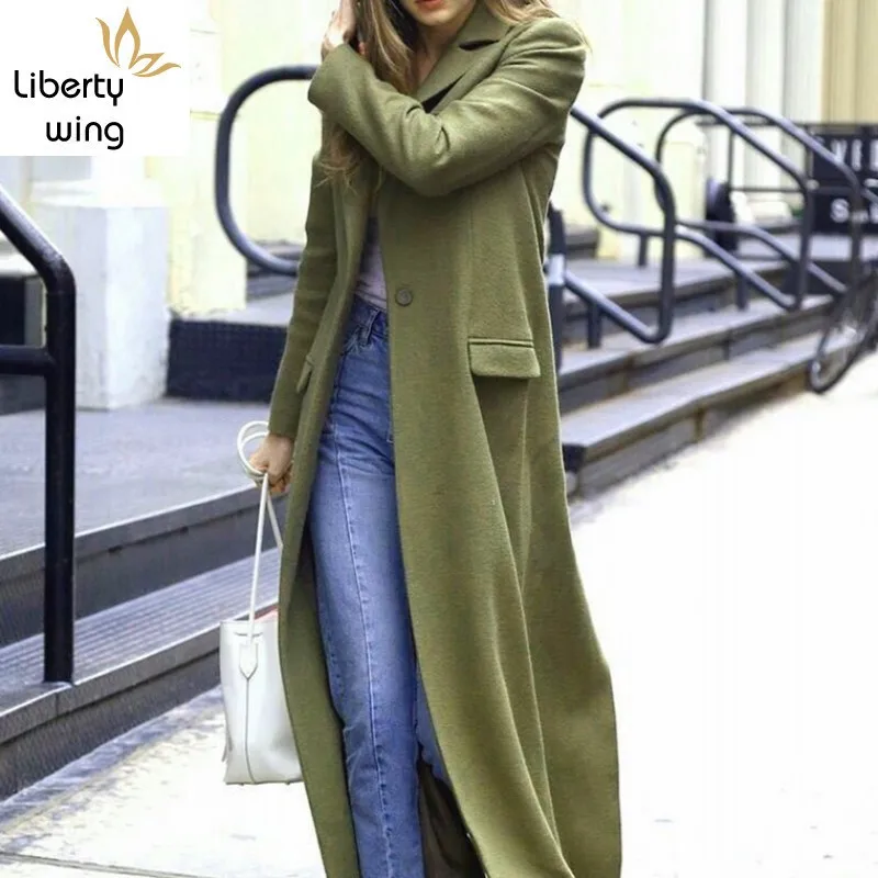 

New Runway Women Super Long Woolen Coat High Street Boyfriend Suit Collar Wool Blends Overcoat Ladies Slim Fit Green Maxi Trench