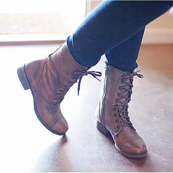 

Classics Leisure Square Heel Ankle Women Boots Round Toe Low Lace-Up Vintage Boots Cross-tied Shallow Solid Winter Shoes