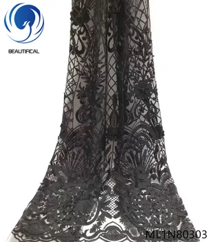 

Beautifical black net lace fabric french nigerian laces fabrics high quality with glitter sequins and beads sales online ML1N803