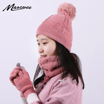 

Three-piece Set Scarf Hat Glove Set Women PomPon Beanies Knitted Skullies Hats Autumn Winter Warm Wool Caps Touch Screen