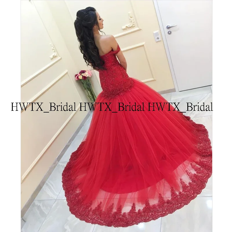 HWTX_Bridal, красное сексуальное вечернее платье русалки,, вырез лодочкой, тяжелое вышитое бисером кружевное Тюлевое длинное платье для выпускного вечера, Vestidos de fiesta de noche