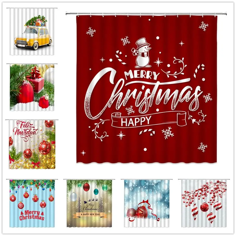 Christmas Shower Curtain Holiday Theme Bathroom Decor Xmas Tree Colored Ball Snowman Children Bath Bathtub Cloth Curtain Set Shower Curtains Aliexpress