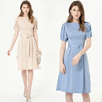 

Office Lady Women Casual Sashes Midi A-Line Dresses Female Short Sleeve Split Summer Dress High Quality Satin Dress Vestidos