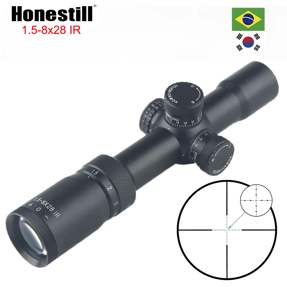 Honestill 1.58x28 Riflescope ir Retículo Mil Dot Gravado Iluminação Vermelha Alcance Tático de Caça Mira Óptica Lunetas Riflescopes 1 Esporte e Lazer