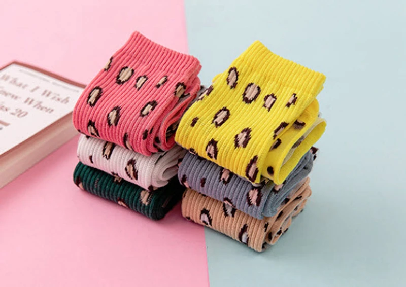 Kids Girls Lace Stockings Leopard Printed Stitching Knee Length Stockings Blue Pink Rose White Cotton Underwear GZ29