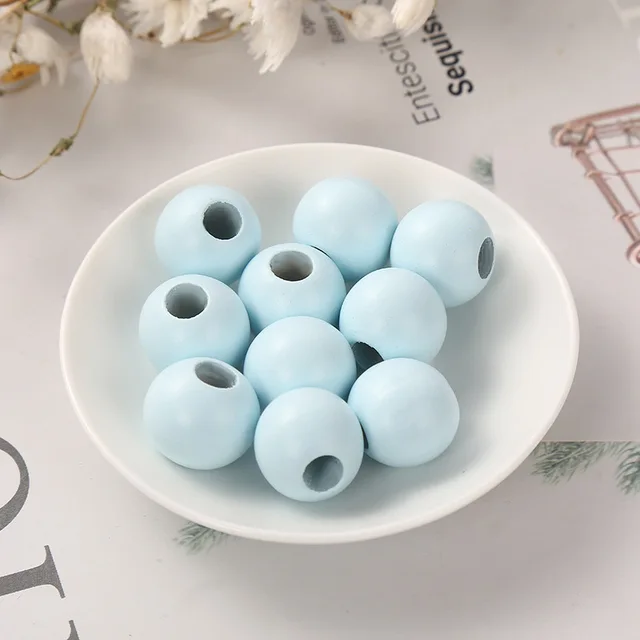 DIY New Products 20mm Colorful Big Hole Round Wooden Beads Custom Fashion Crafts Kid's Jewelry Baby Toys Accessories Wholesale sky blue