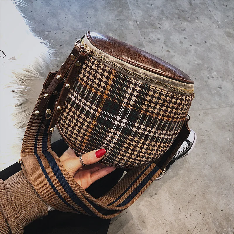 

Retro Bag Women's 2019 Winter New Style Tidal Harbor-Style INS Plaid Wide-Strap Shoulder Bag Versatile Woolen Cloth Saddle Bag