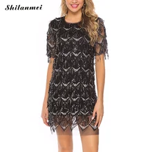 Сексуальное платье с кисточками и блестками, шикарное блестящее Сетчатое вечернее женское платье с коротким рукавом и круглым вырезом, винтажное мини-черное платье для клуба; Vestidos