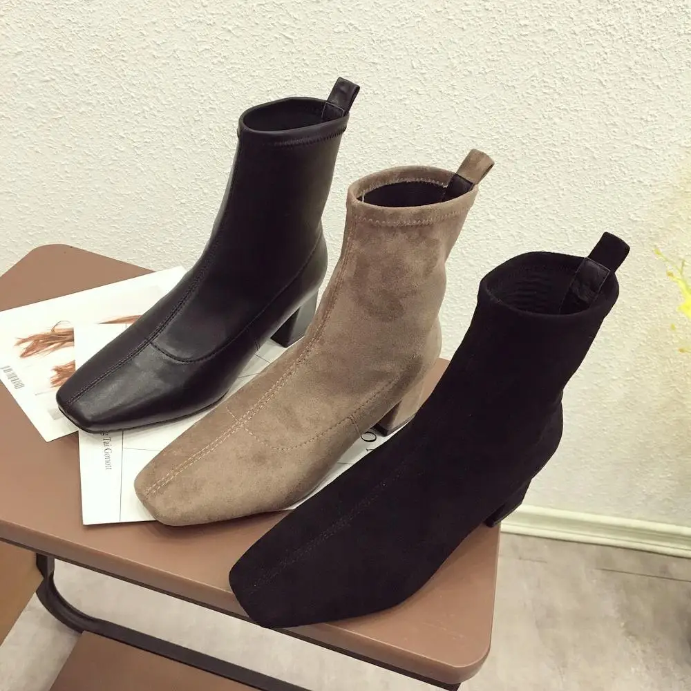 

2019 A/W New Arrive Women Ankle Boots Square Toe Square Heel Solid Stretch Fabric Booties Grey Black Ankle Boots Women