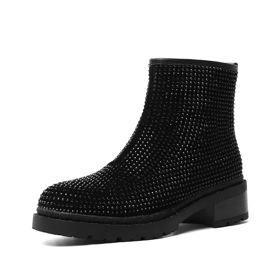 

Women's booties cow suede fabric shiny rhinestone decorative round toe autumn winter fashion comfortable handmade women's boots