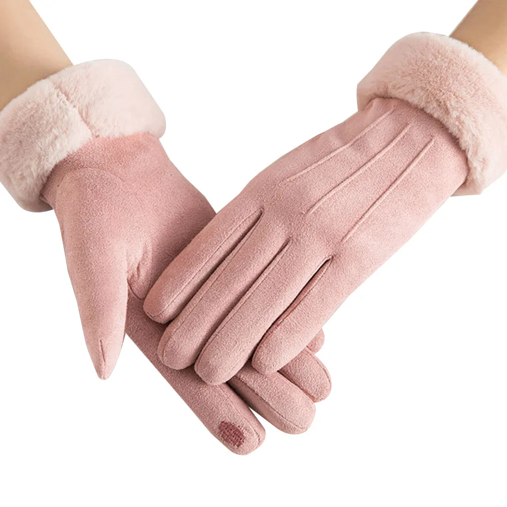 Quaslover, модные женские зимние перчатки, сенсорный экран, варежки для вождения, плюшевые, на запястье, женские перчатки, полный палец, для улицы, спортивные перчатки - Color: Pink