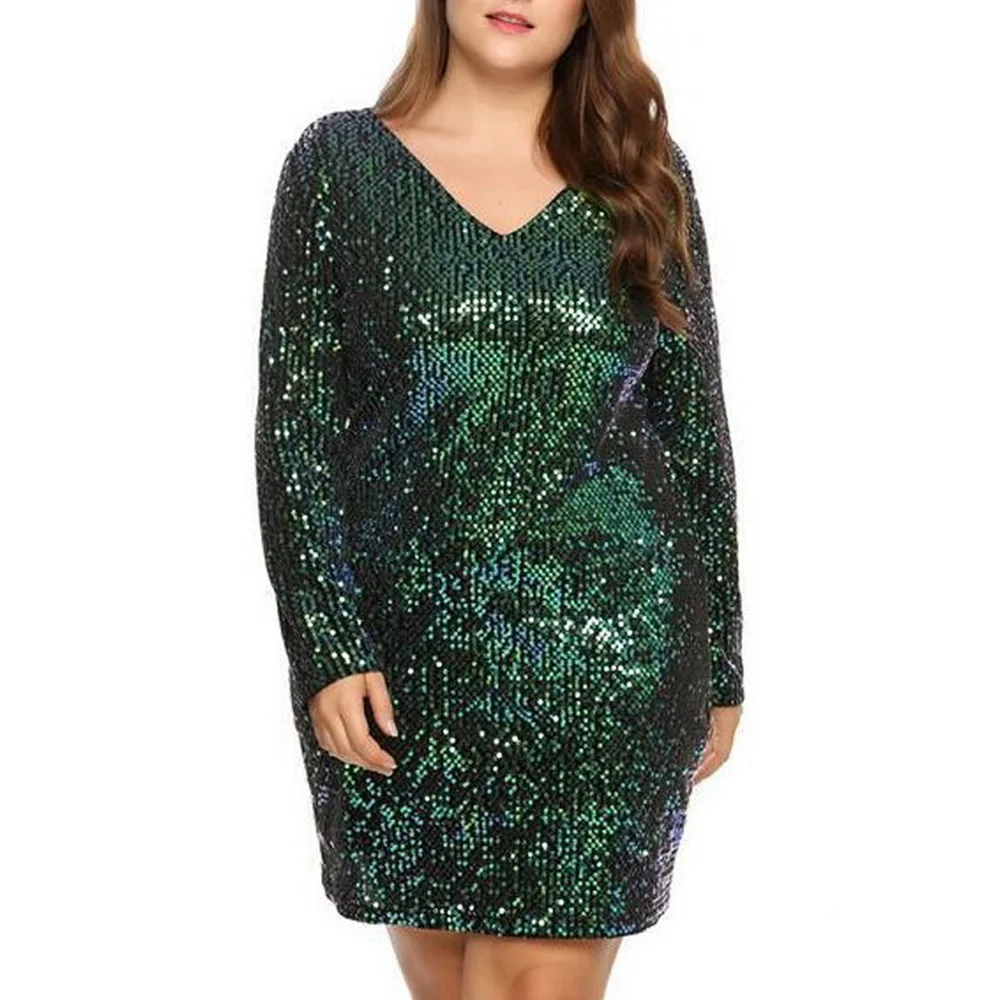 Женское платье с блестками размера плюс 5xl, одноцветное, с v-образным вырезом, с длинным рукавом, мини, вечерние, Vestidos Femme, бодикон, 4 цвета, сексуальная посылка, платья до бедра - Цвет: Green