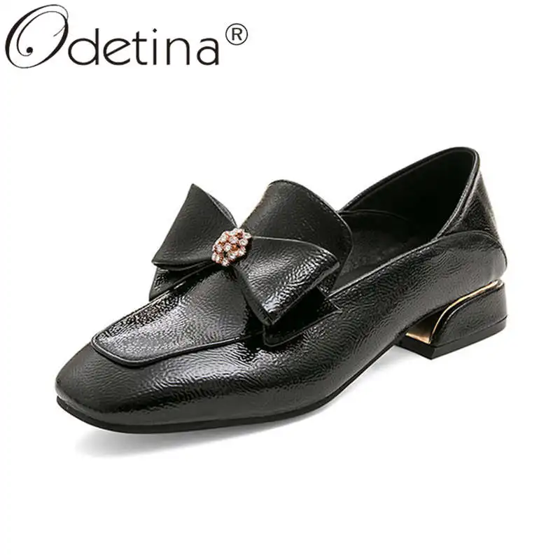 

Odetina Women Fashion Crystal Patent Leather Sewing Loafers Shoes Ladies Slip On Bow Square Toe Block Chunky Heel Casual Shoes