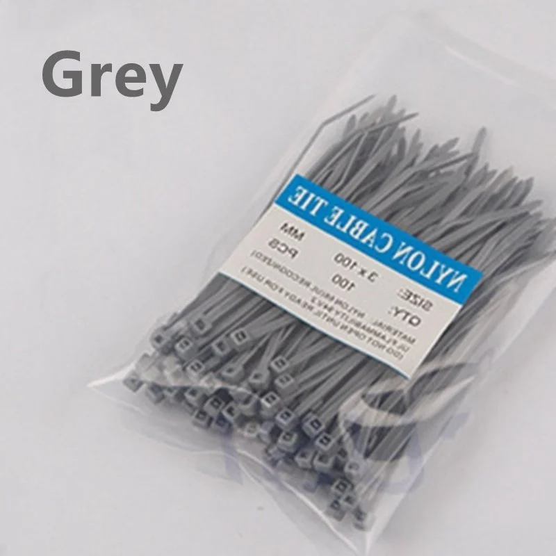 Grey 100 шт 3*100 мм самоблокирующиеся пластиковые нейлоновые кабельные стяжки, кабельные стяжки на молнии, петли для проводов, аккуратные Ленточные разноцветные кабельные стяжки - Цвет: Grey