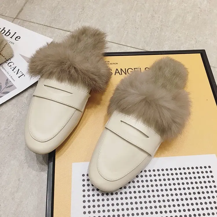 

Fluffy Shoes Women's New Style 2019 Fashion Network Red Autumn And Winter Really Rabbit Fur Versatile plus Velvet Warm Flat Sand