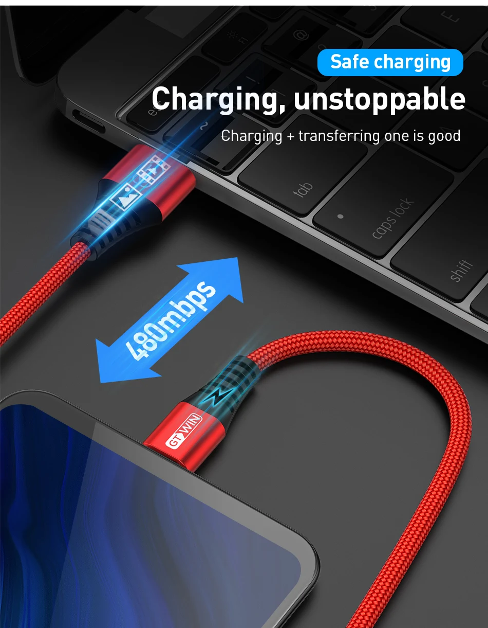 GTWIN 1M 2M Type C USB Cable 3A Fast Charger Cable For Samsung S9 S10 HUAWEI 3A Charging Wire USB C Data Cable Xiaomi mi9 LG