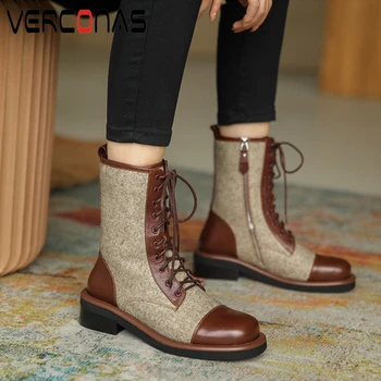 

VERCONAS Women Ankle Boots Fashion Martin Boots Autumn Winter Genuine Leather Cross-Tied Zipper Shoes Casual Short Boots Woman