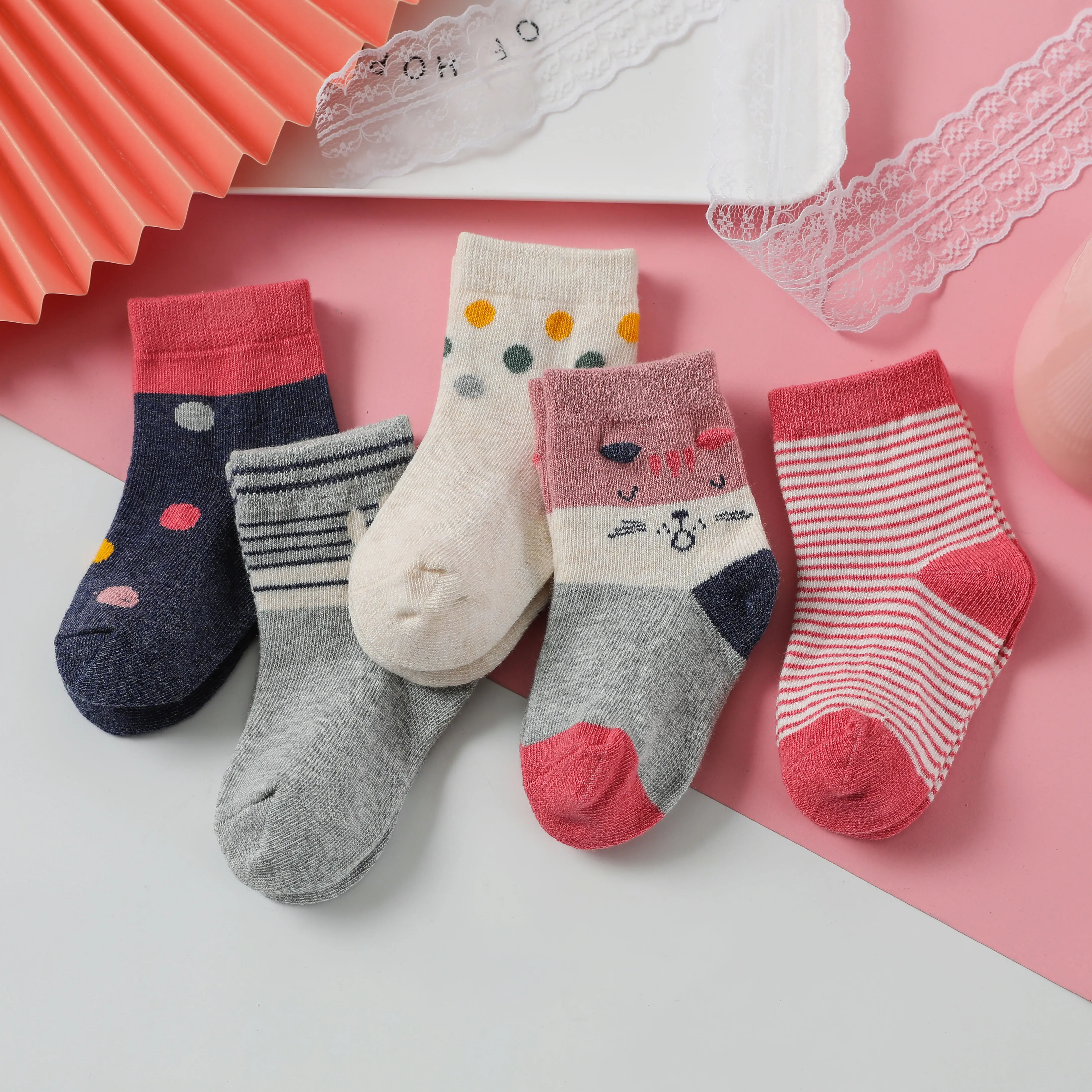 

5Pairs Children's socks Wave Point Socks Cute Pattern Mid-Calf Length Sock High Quality Cotton Socks 3-10Years