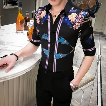 

Streetwear Casual Night Club Party Clothes Chemise Homme Luxury Print Men Shirt Short Sleeve Slim Fit Shirts Men Dress Blusa