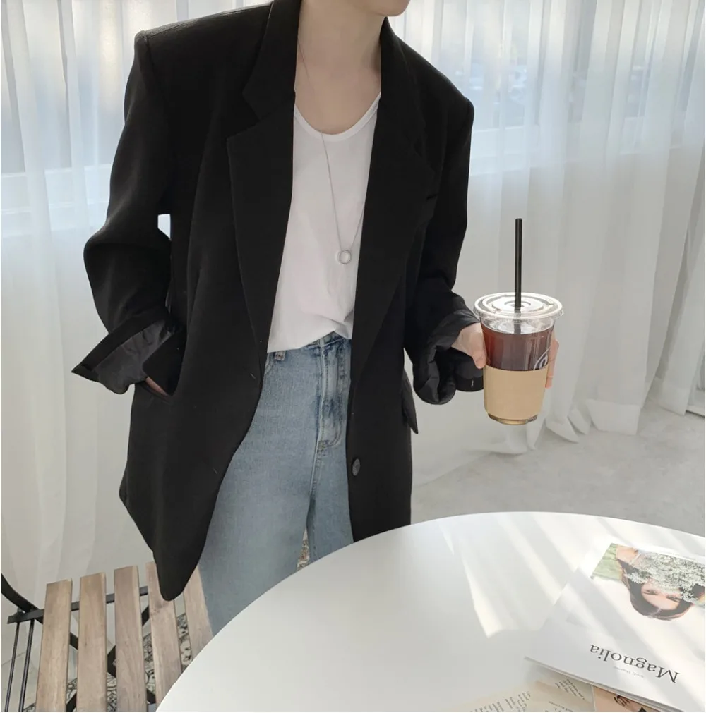 Модный костюм куртка осень офис сплошной цвет кнопка костюм женщина Корейская версия свободный шикарный длинный рукав куртка дамы