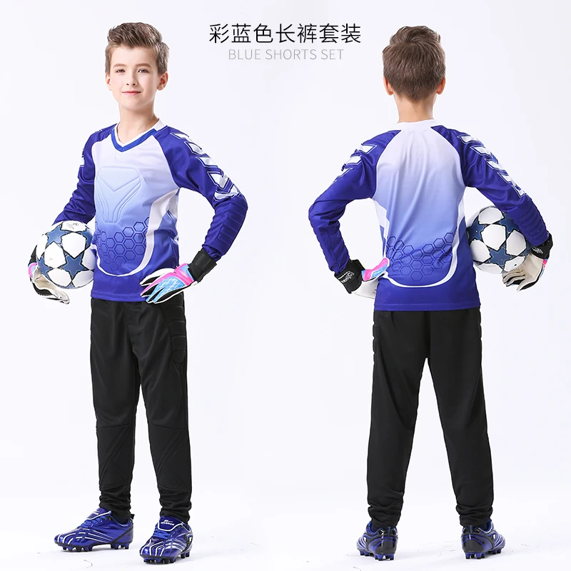 Детское футбольное Джерси, 2 предмета, детский костюм голкипера, Пользовательский логотип, имя, номер, Спортивная тренировочная командная форма, толстая губка, защита от падения - Цвет: Color blue