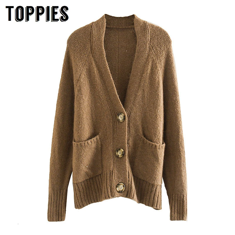 

Winter Jacket Women Knitted Cardigan Loose Sweater Cardigan Coat V-neck Button Jacket Side Pockets