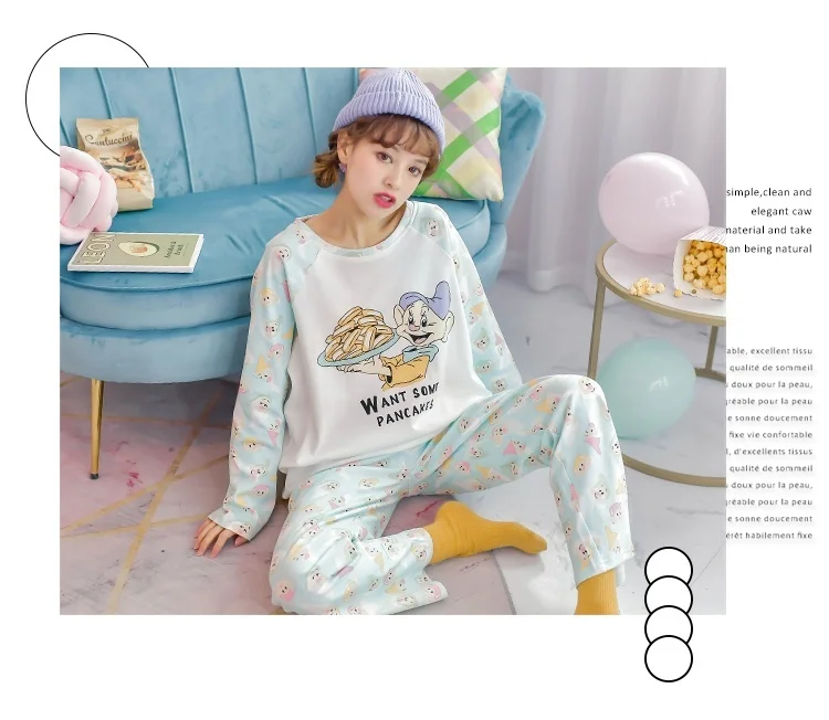 Disney Cartoon Snow White Dwarf Long Pajamas Set Lady Autumn Winter Cotton Long Sleeve Trousers Suit Printing Kawaii Pyjamas Set