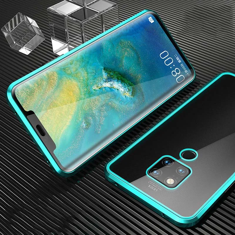 Магнитный двухсторонний стеклянный чехол для телефона huawei mate 20 P20 Pro P30 Lite для Honor 8X 9X V20 Nova 5 5i Pro металлический чехол s - Цвет: Green