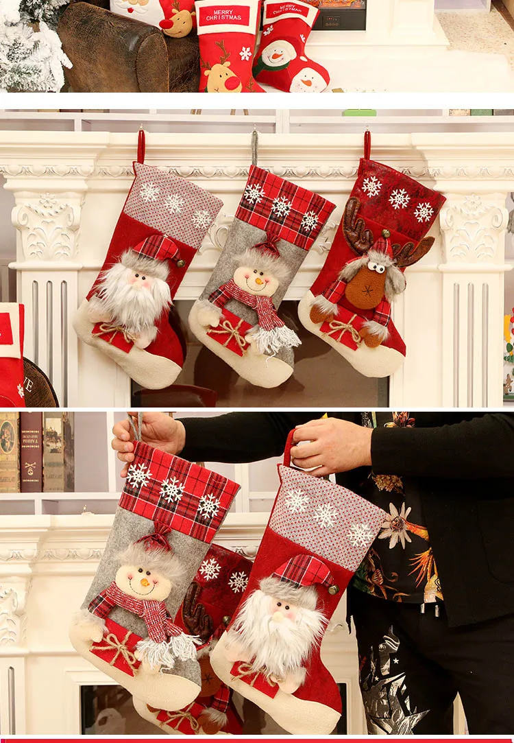 Большие рождественские чулки с Санта-Клаусом и оленем, тканевые подарочные носки со снежинками милый мешок для подарков для детей, камин украшения для рождественской елки