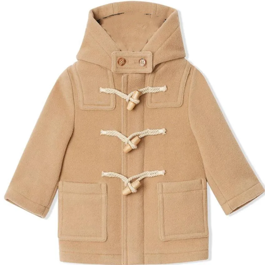 

Baby girls boys fashion hooded woolen coat kids Horn button classic Children long wool blends overcoat