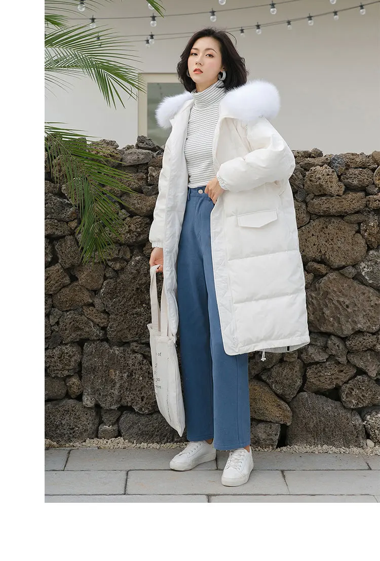 South Korea Dongdaemun Autumn& Winter New Style Simple White Duck down Fox Fur Long Hooded down Jacket Women's W077