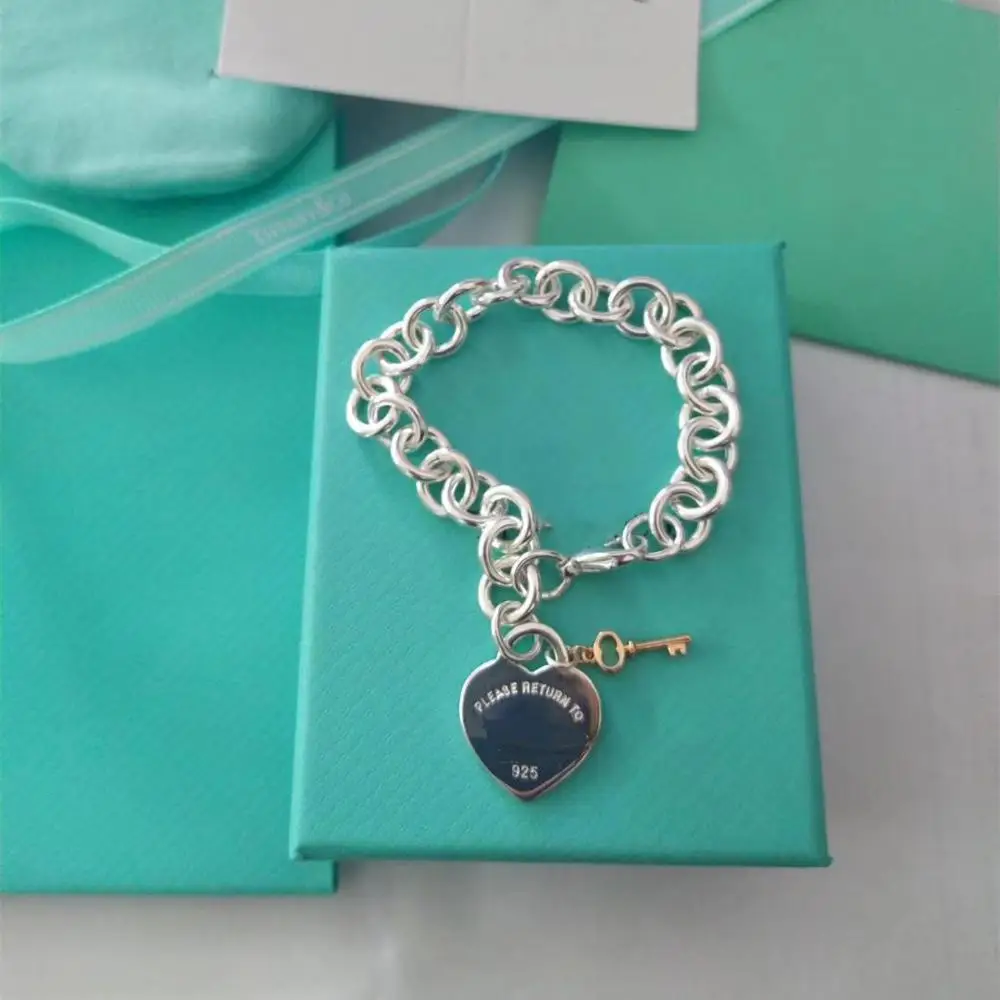 

Classic silver heart-shaped card hanging small silver key ladies bracelet 1:1 sterling silver s925 bracelet holiday gift